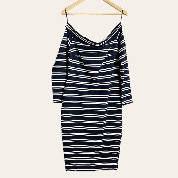 Bec & Bridge Ahoy Long Sleeve Off the Shoulder Midi Dress in Ink Stripe Size 8 - Picture 3 of 9